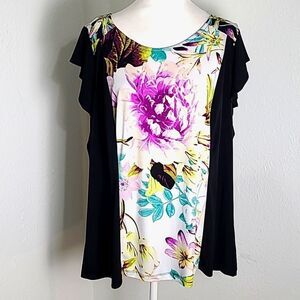 Worthington Black Blouse with Center Panel White with Flowers, Size 1X